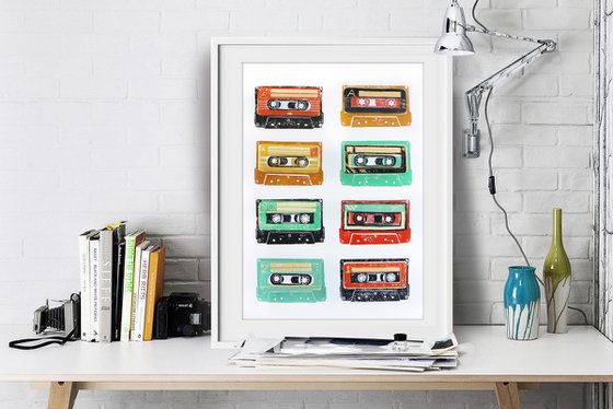 Linocut tapes #7 (cassette tapes, retro music, 70's, 80's rock culture)