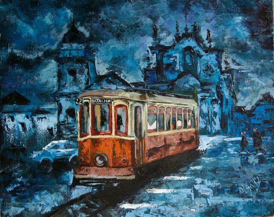 Cityscape oil painting - Tram in Porto impasto painting - Art for living room - Gift idea