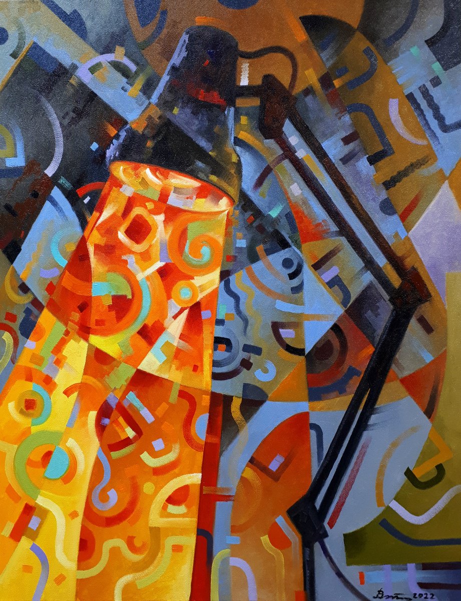 Urban And Pop Still Life Oil Painting By Serhii Voichenko, 27 X 35", Night Lamp, Original Artwork