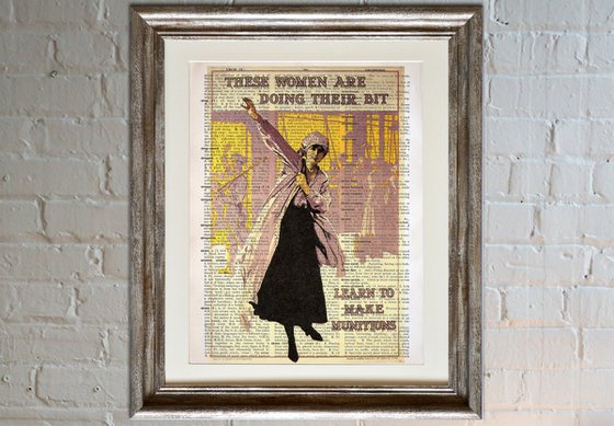 These Women Are Doing Their Bit - Learn to Make Munitions - Collage Art Print on Large Real English Dictionary Vintage Book Page