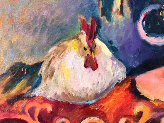 SUNRISE - woman portrait oil painting with a rooster dream pink red yellow light present for her home décor