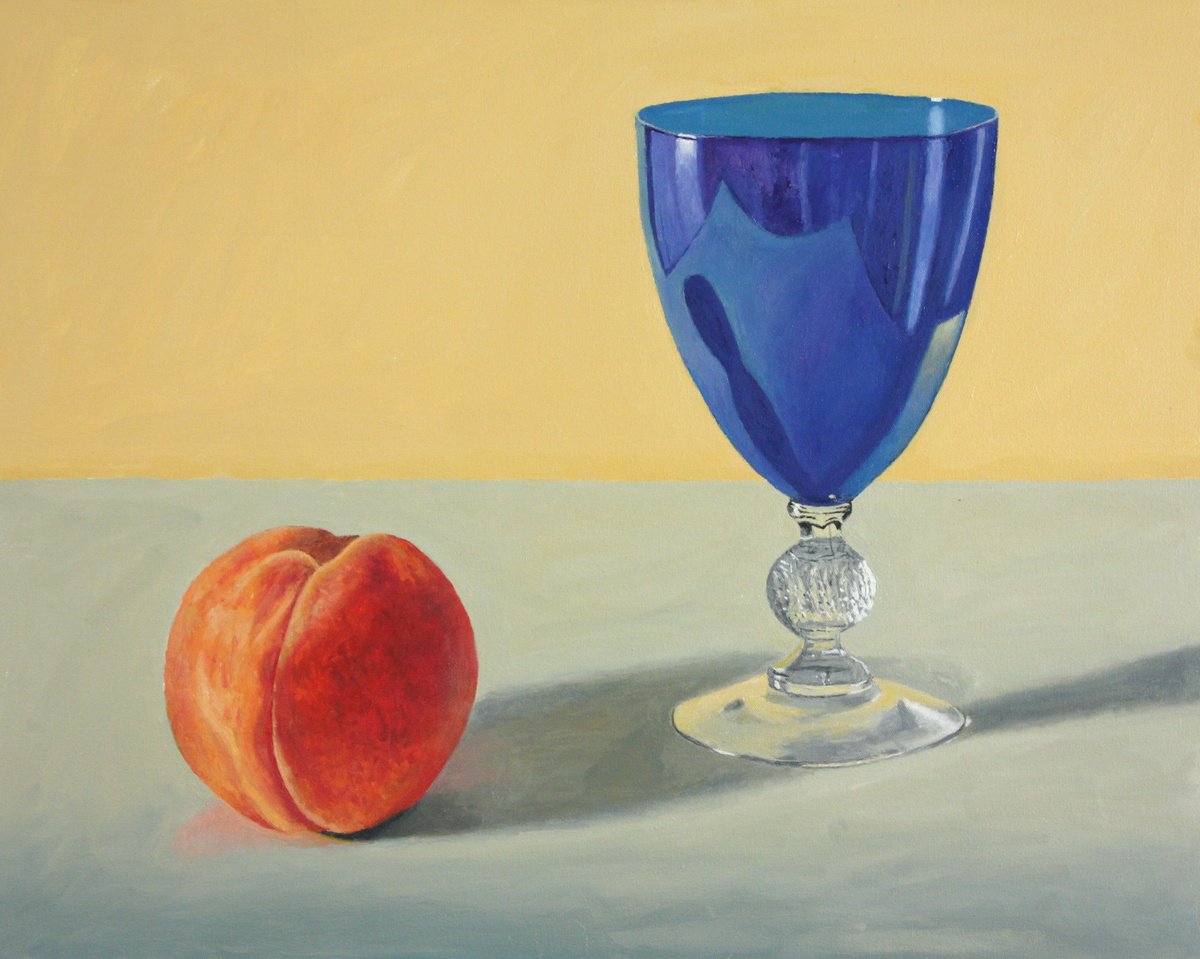 Photorealistic Still Life Oil Painting By Douglas Newton, 30 X 24, Peach And Blue Glass, Original Artwork