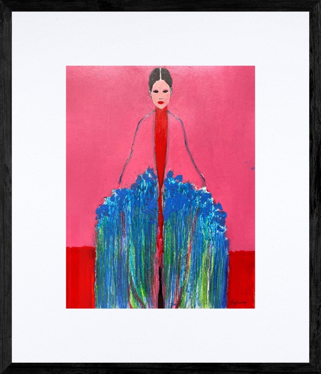 Abstract Portrait Painting By Gela Mikava, 14 X 16, Girl With A Bouquet, Original Artwork