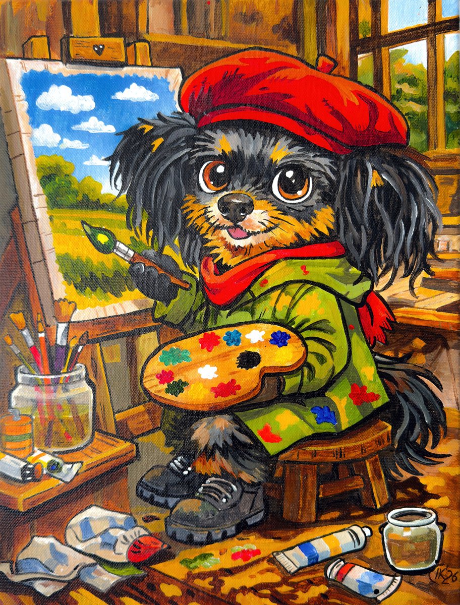 Cartoon Acrylic Painting , Bon From Lisbon: Little Artist At Work By Irina Kurganskaya, 12 X 16, Artwork For Sale On Artfinder