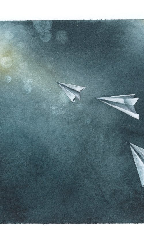 Promises XI - Origami Paper Plane Watercolor by ieva Janu