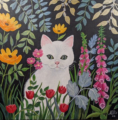 White Cat in the Garden by Anne-Marie Ellis