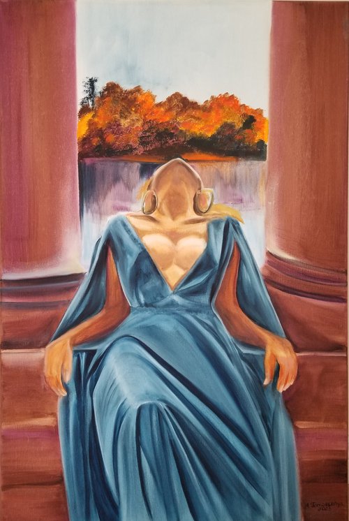 Autumn Vibes. A beautiful and elegant young woman in a relaxed pose, wearing a revealing blue dress. by Alexandra Tomorskaya/Caramel Art Gallery
