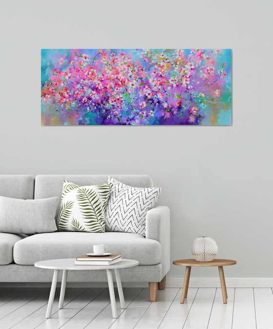 I've Dreamed 55 - Sakura Colorful Blossom - 150x60 cm, Palette Knife Modern Ready to Hang Floral Painting - Flowers Field Acrylics Painting