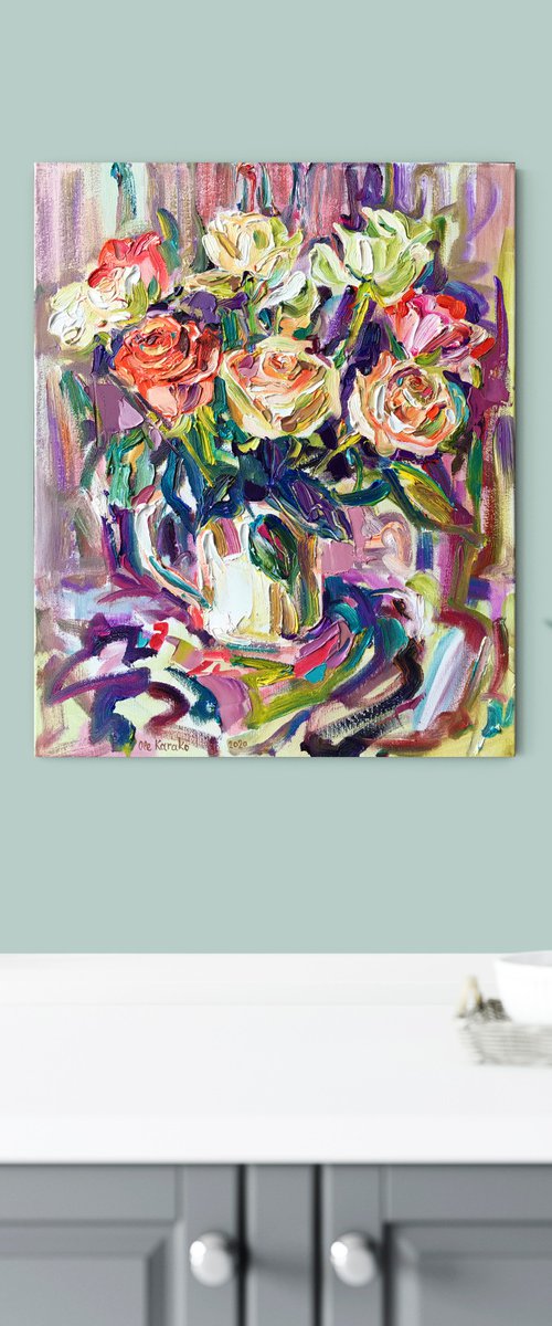 Roses in white vase by Ole Karako