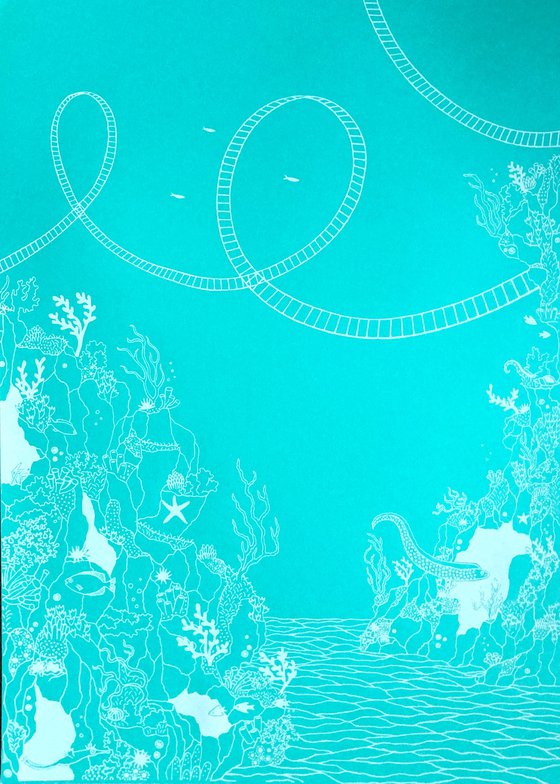 Underwater Rollercoaster (Eco Gothic) - White on Turquoise/Glow in the Dark