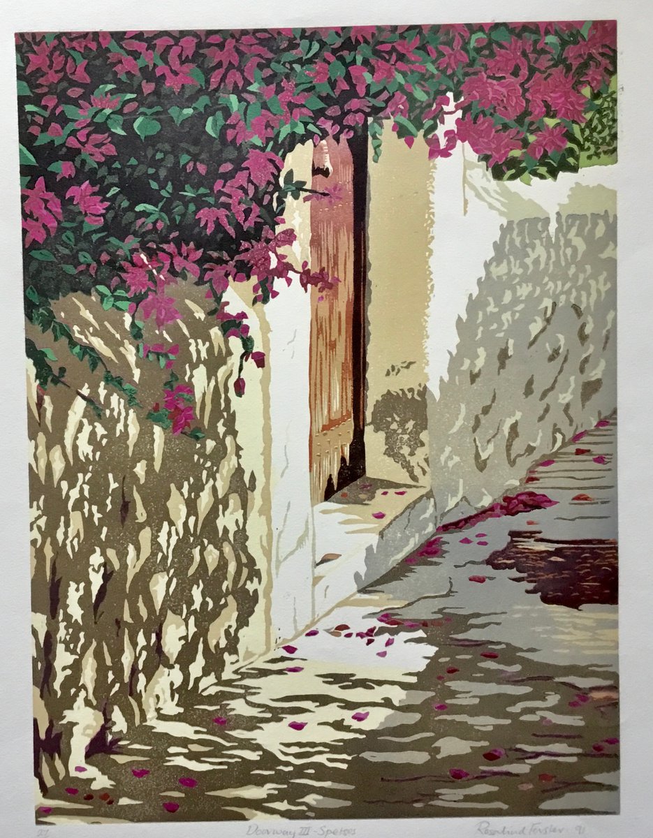 Botanical Linocut By Rosalind Forster, 16 X 21", Doorway Iii Spetses, Original Artwork