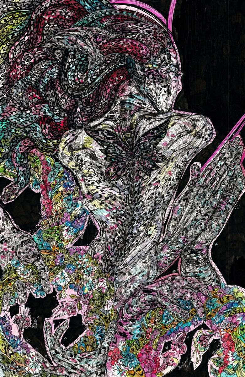 Impressionistic Portrait Drawing By Maria Susarenko, 28 X 39", Medusa With Flowers, Original Artwork