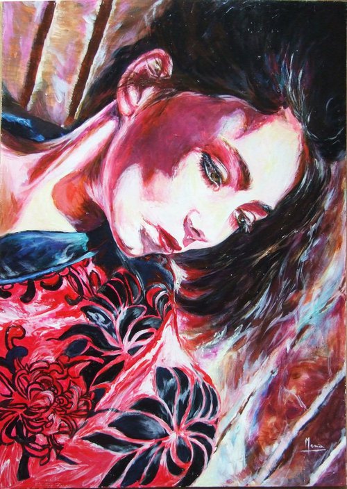 Portrait of a girl in red kimono by Anna Sidi-Yacoub