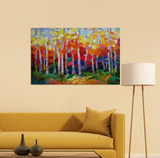 Bright colors of foliage, autumn forest painting, trees painting