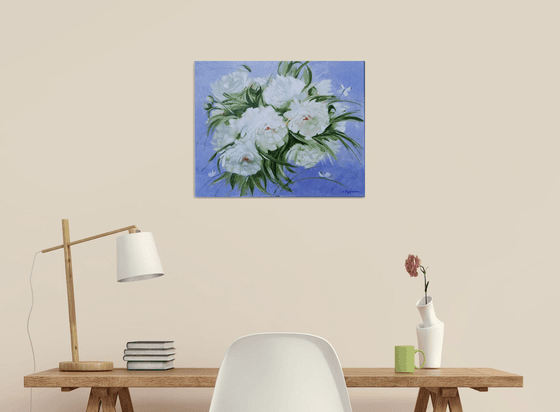 White Peonies. Original Oil Painting on Canvas. Performed in trendy palette knife technique. 16" x 20". 40,6 x 50,8 cm. 2019.