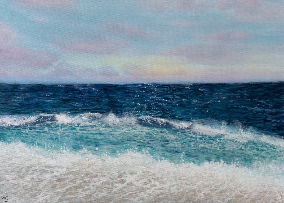 Photorealistic Landscape Oil Painting By Sarah Vms Art, 28 X 20", Romantic Beach, Original Artwork