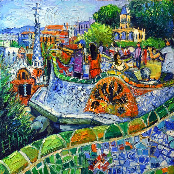 PARK GUELL MEMORIES 30x30cm Original Impasto Oil Painting Impasto Palette Knife