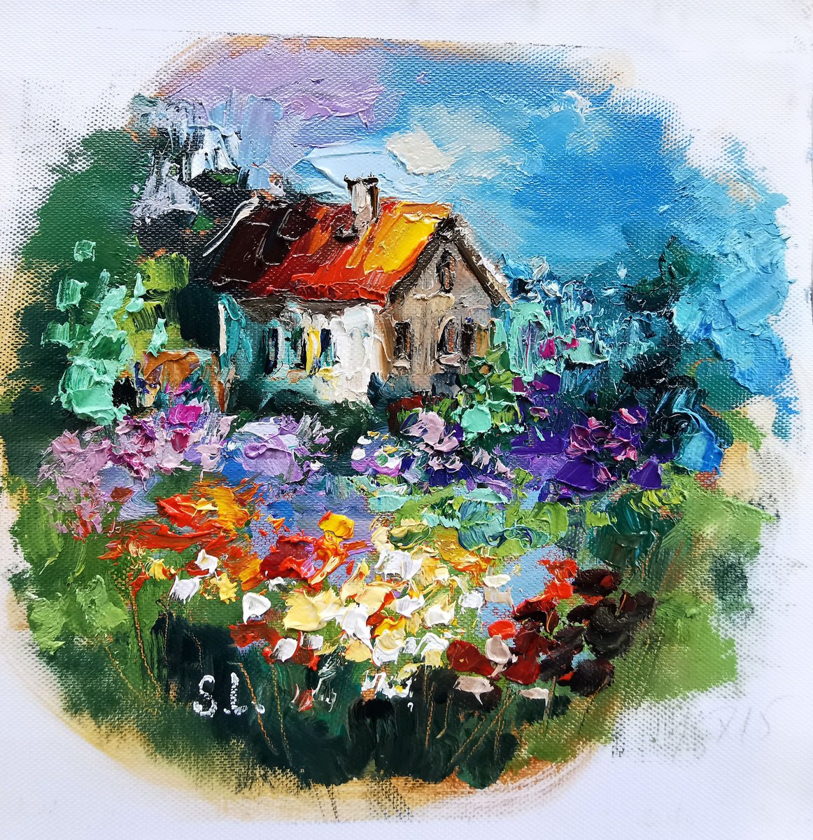 Blooming house village in switzerland miniature on canvas by Annet Loginova