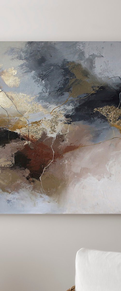 "Grit" Gray brown gold abstract acrylic art by Yana Sagan