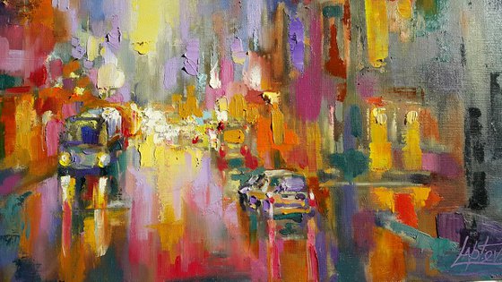 Painting Cityscape - Evening city, megapolis, evening lights, original oil art