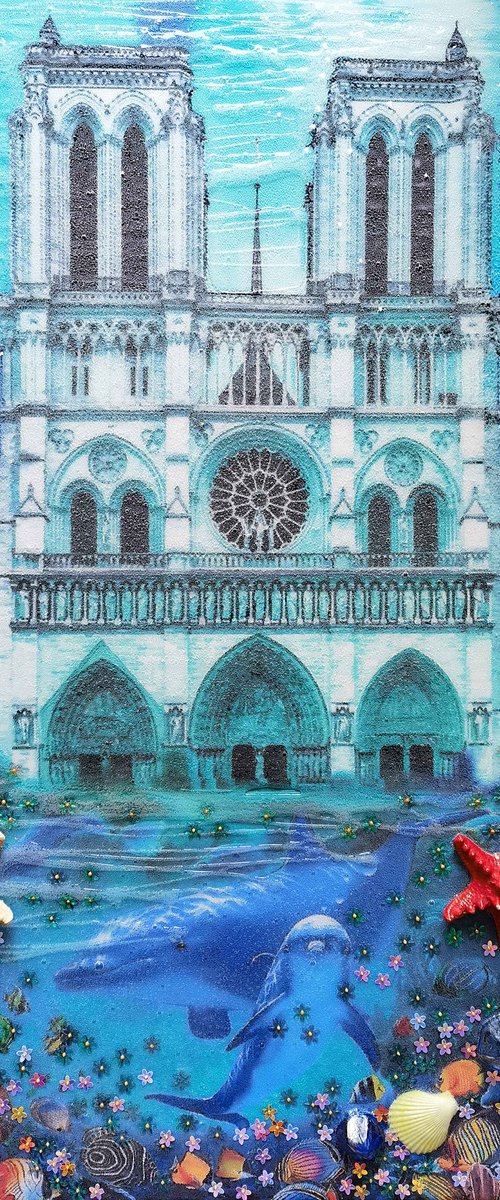 Paris. France. Notre Dame, Cathedral of Paris. Global warming. Flood in the city. Dolphins underwater, sea bottom seascape marine. Fantasy art. by BAST