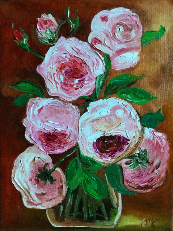 BOUQUET OF CORAL ROSES #4 palette knife modern red pink still life  flowers Dutch style office home decor gift