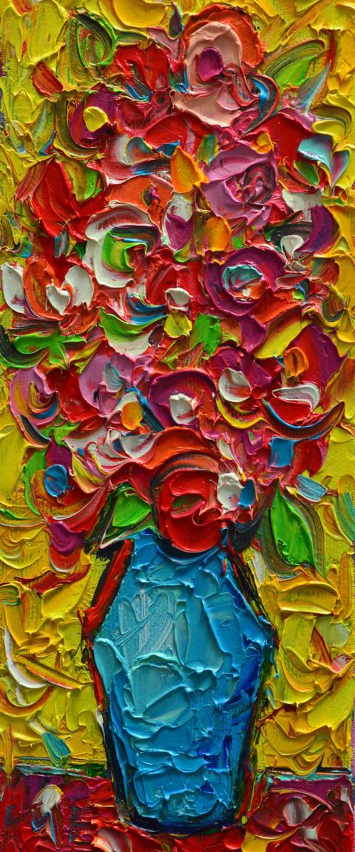 COLOURFUL WILD FLOWERS - abstract modern impressionist floral miniature original palette knife oil painting by ANA MARIA EDULESCU