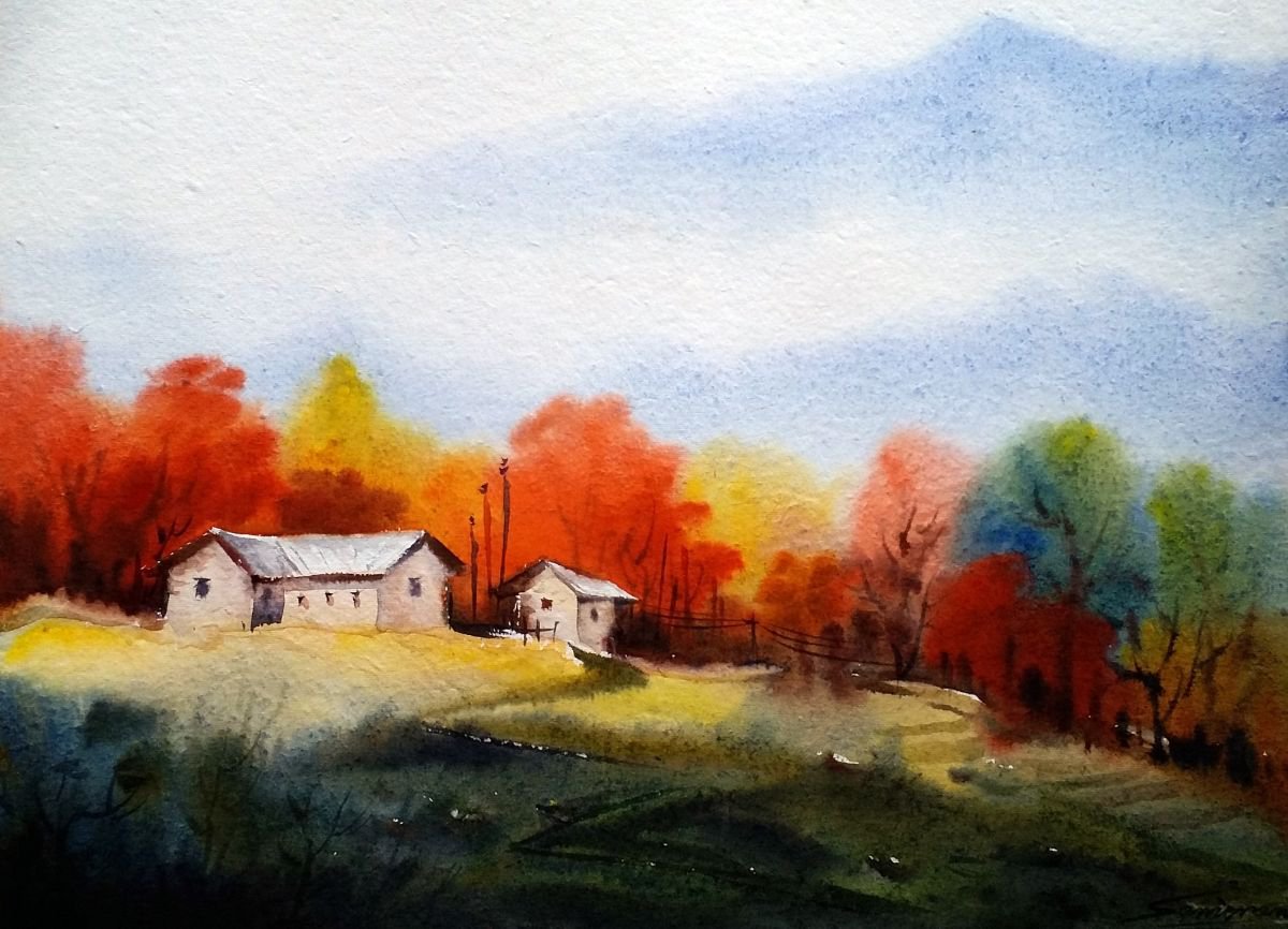 Beauty of Autumn Mountain Village - Watercolor Painting by Samiran Sarkar