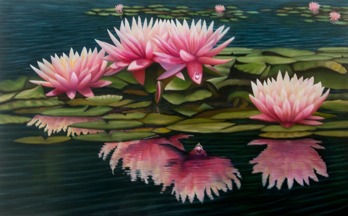 Photorealistic Botanical Oil Painting By Juan Bernal, 48 X 30", Pink Waterlilies Reflections, Original Artwork