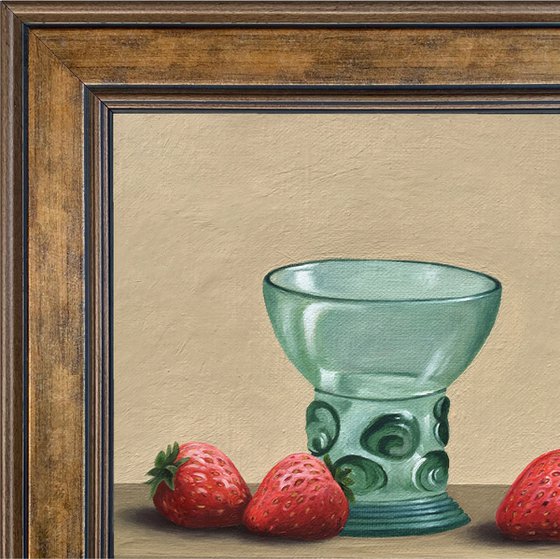 Strawberries with old glass  (20x20cm, oil on canvas, framed)