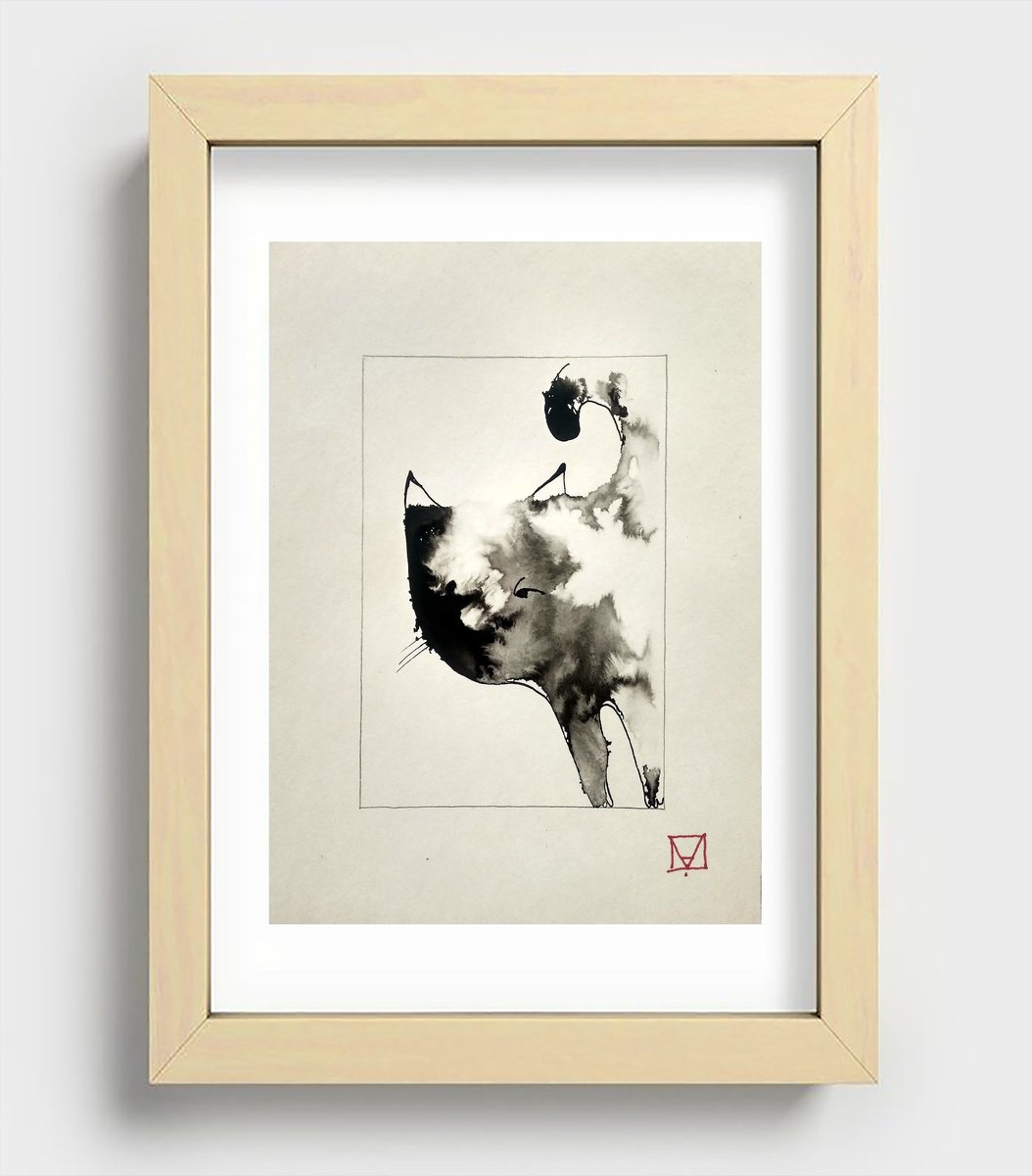 Graphic Animal Ink Drawing By Marya, 5 X 7", "Cat", Original Artwork