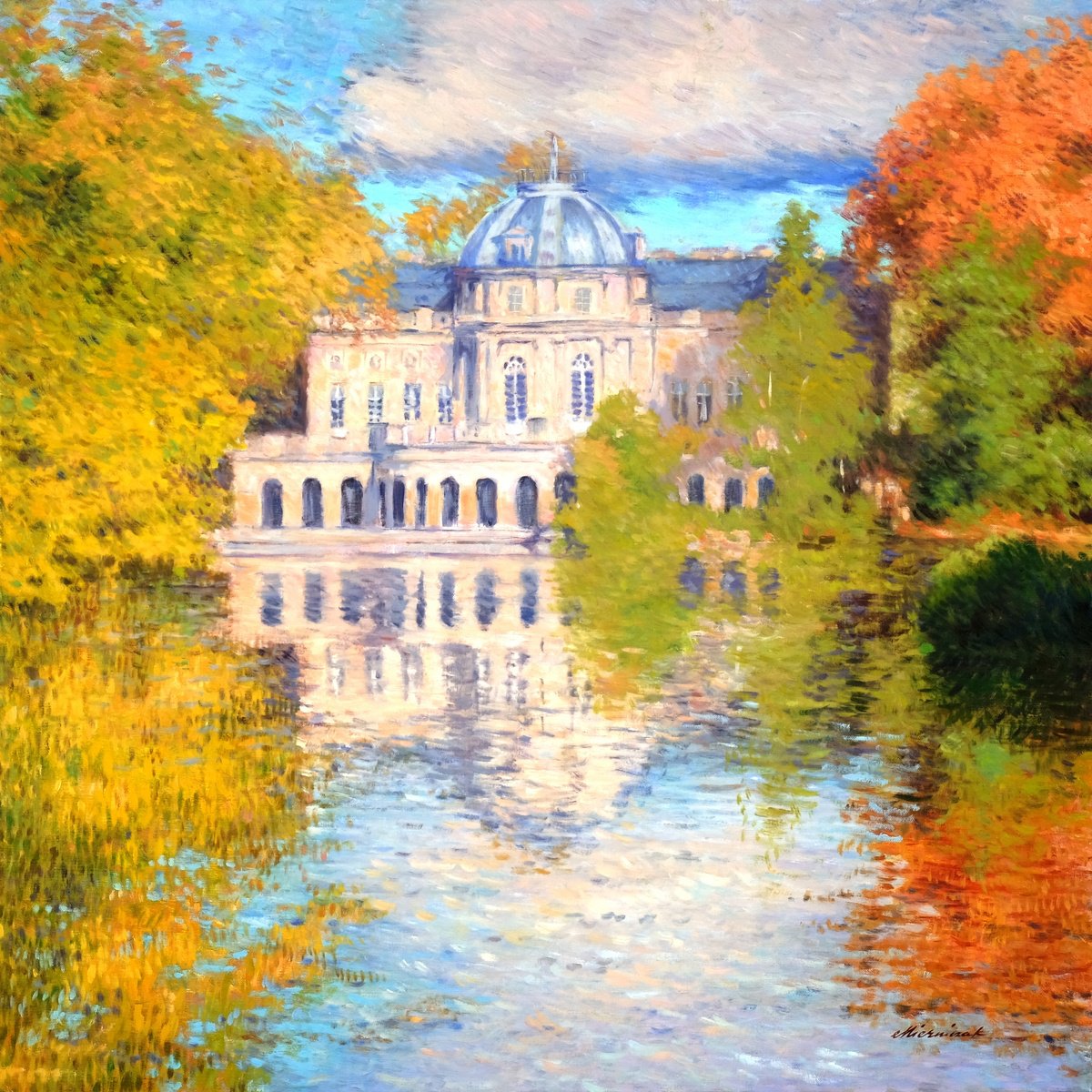 Urban And Pop Landscape Oil Painting By Richard Mierniczak, 31 X 31", Monrepos - Lake Castle 2., Original Artwork