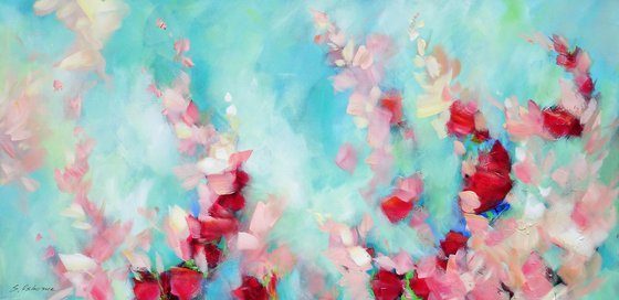 3D Textured Painting Large Flowers Teal Abstract Painting Coral White Green Red Floral Landscape. Tropical Botanical Garden Painting on Canvas. Modern Impressionism