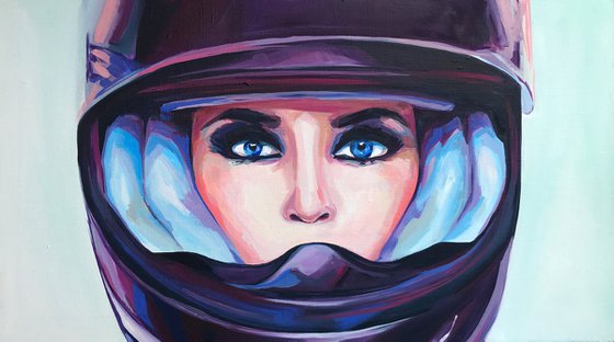 VOISE - oil painting home decor feminism woman in helmet purple eyes blue