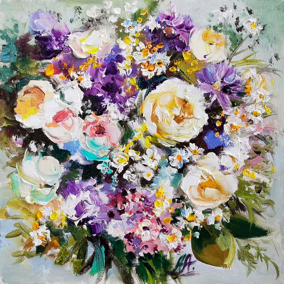 Bouquet flowers painting on canvas