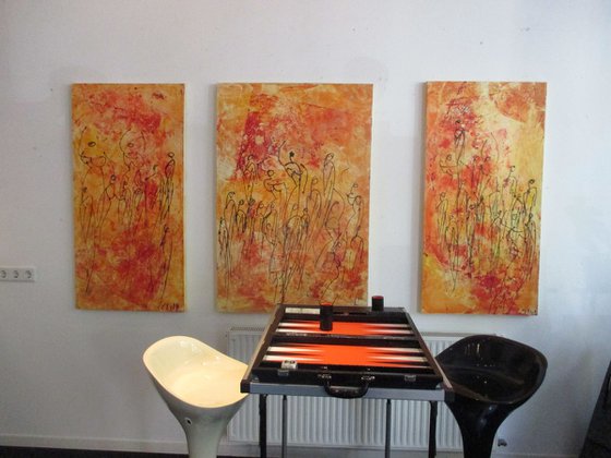 orange Dancers on canvas  Triptychon 47,3 x 79 inch