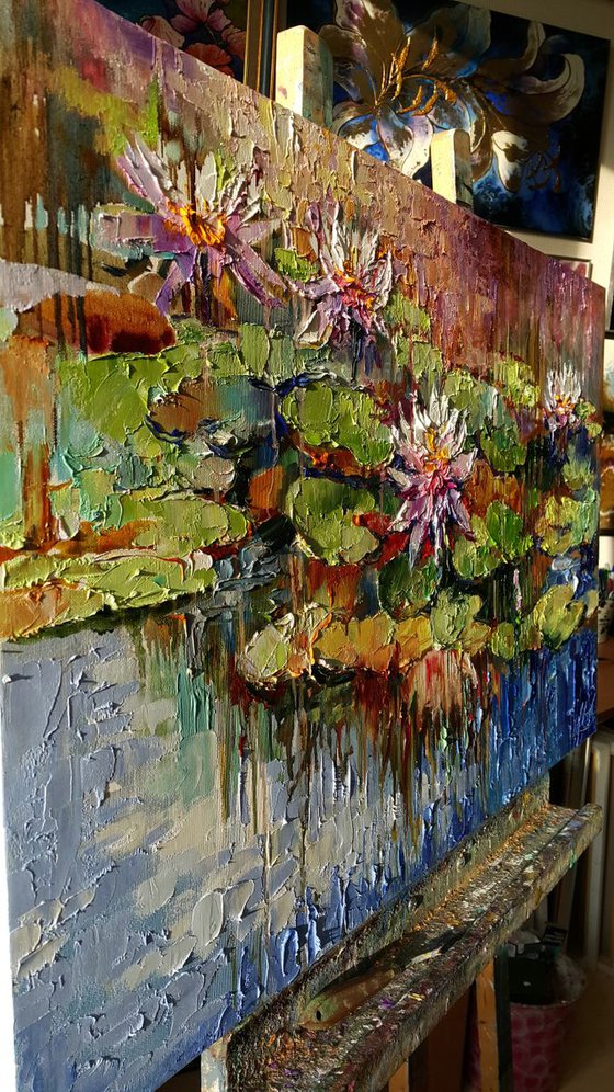 Water lilies pond oil original large impasto painting