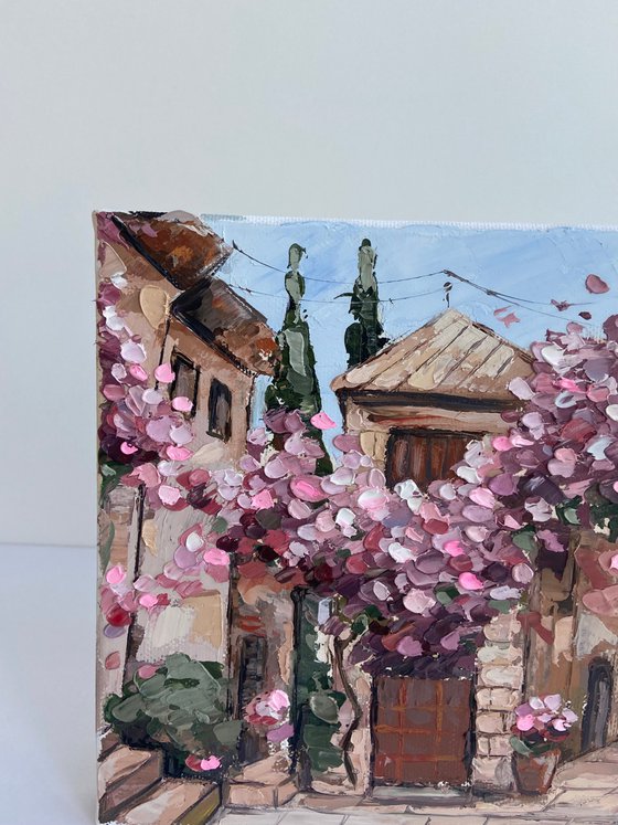 Romantic street flowers painting on canvas 18x18mini art impasto oil