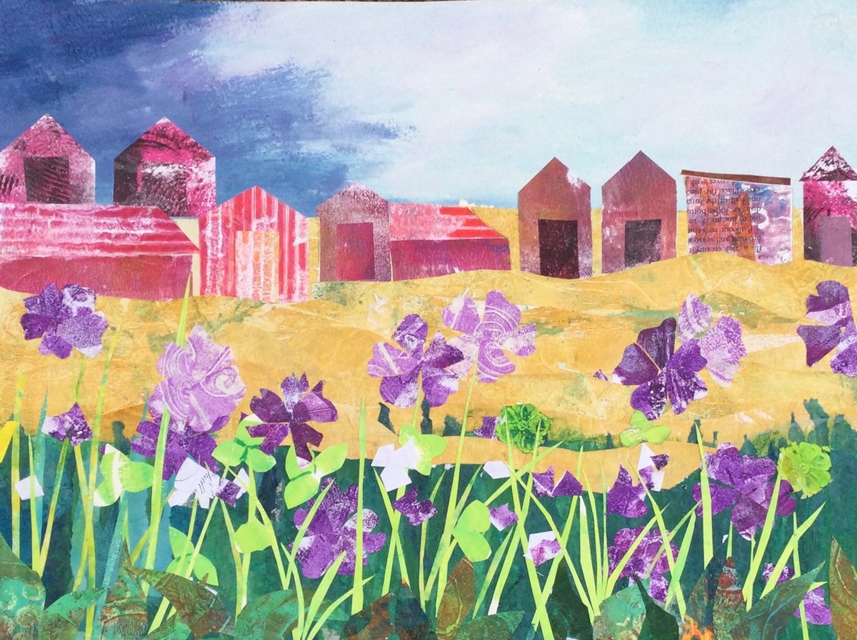 Landscape Collage By Dee Evans, 20 X 16, Fishing Huts And Mallow, Original Artwork