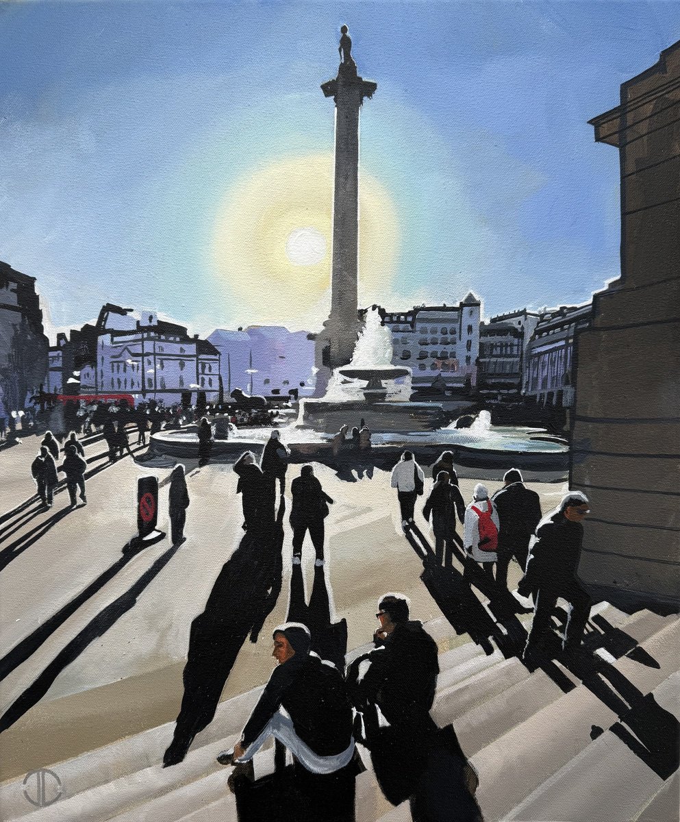 Impressionistic Cityscapes Acrylic Painting By Joseph Lynch, 20 X 24, Trafalgar Square January, Original Artwork