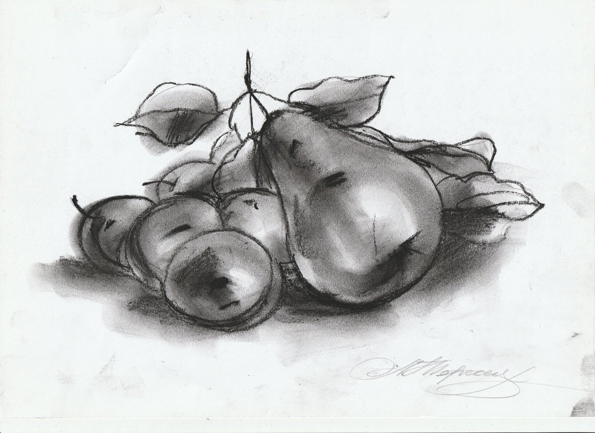 Still Life Charcoal Drawing By Anastasia Terskih, 12 X 8, Pear And Plum, Original Artwork