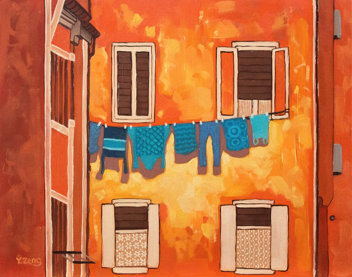 Impressionistic Cityscapes Oil Painting By Yue Zeng, 14 X 11", Drying Clothes, Original Artwork