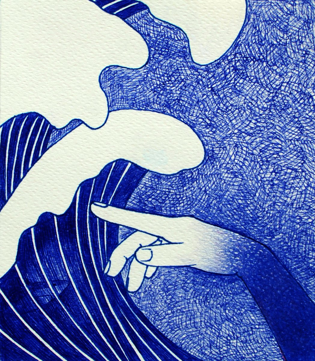 Urban And Pop Landscape Ink Drawing By Andromachi Giannopoulou, 5 X 6, Shark In A Tsunami, Original Artwork