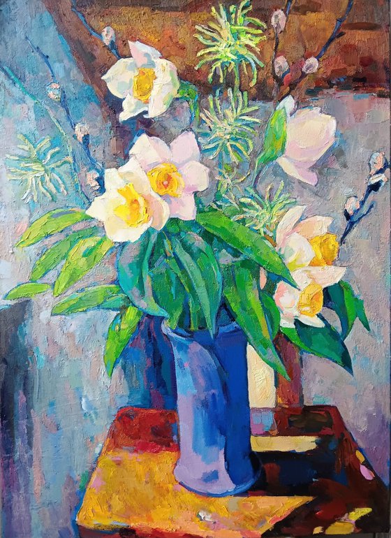 BLUE VASE.  STILL LIFE WITH PUSSY WILLOW AND DAFFODILS.