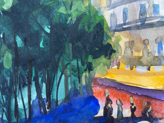 Paris Watercolor Painting, French Cafe Original Artwork, France Street Scene Picture, European Cityscape Art
