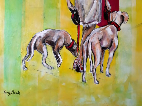"Lady with dogs",  original acrylic painting, 60x80x2cm