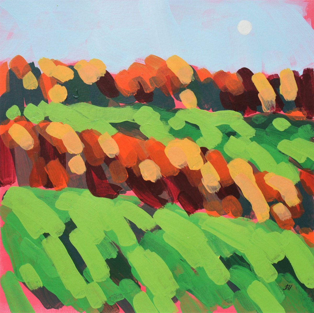 Impressionistic Landscape Acrylic Painting By Irina Plaksina, 11 X 11, The First Steps Of Autumn, Original Artwork