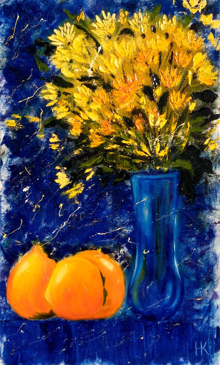Persimmon Painting Fruit Original Art Chrysanthemums Oil Canvas Still Life Artwork Texture... by Halyna Kirichenko