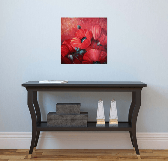 Poppies - oil painting, original gift, home decor, Flowering, Spring, Leaves, Red, Sexy, poster, Bedroom, Living Room