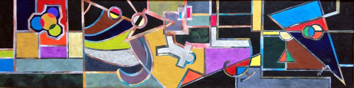 Geometric Abstract Oil Painting By Jg Wilson, 26 X 7, Black Geometry, Original Artwork
